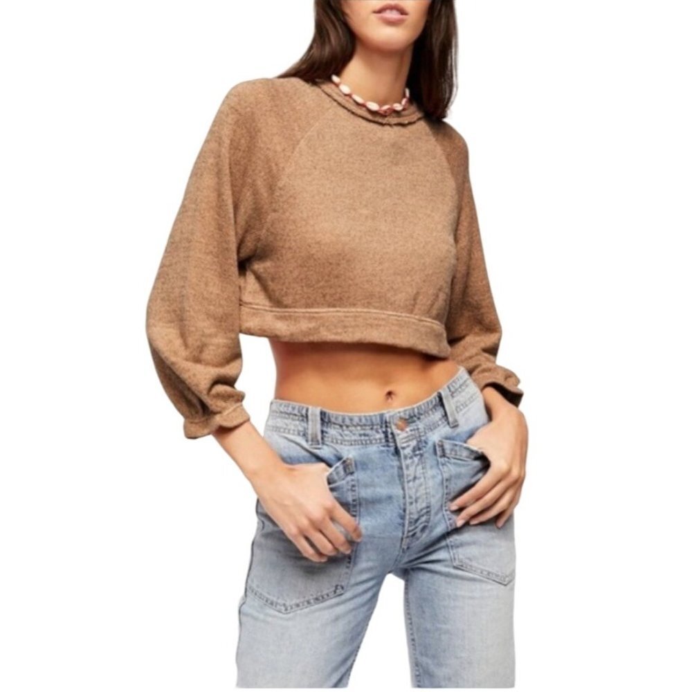 Free People Jade Pullover Sweatshirt Top Taupe Boyfriend Oversized Fit Relaxed